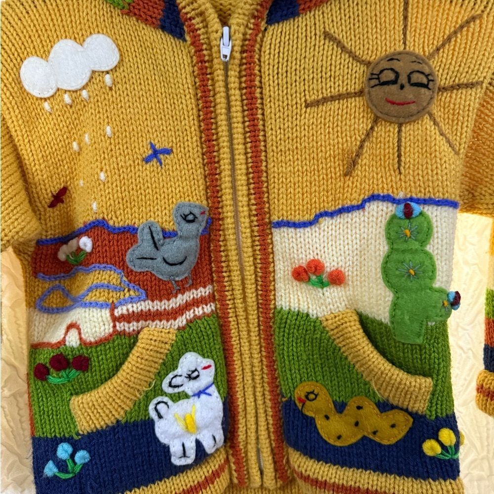 Alina’s 100% Acrilico handmade Colorful Knit Sweater with Sun and Animal Designs